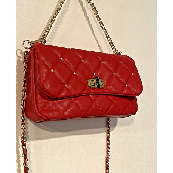 Badgley Mischka Red Quilted Vegan Leather Purse Gold Studded Crossbody Bag 10x6 - Picture 6 of 13